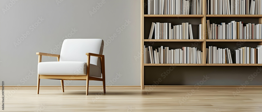 Stylish Wooden Armchair Next To Bookshelf In Light Room Stylish Wooden Armchair Next To Bookshelf In Light Room