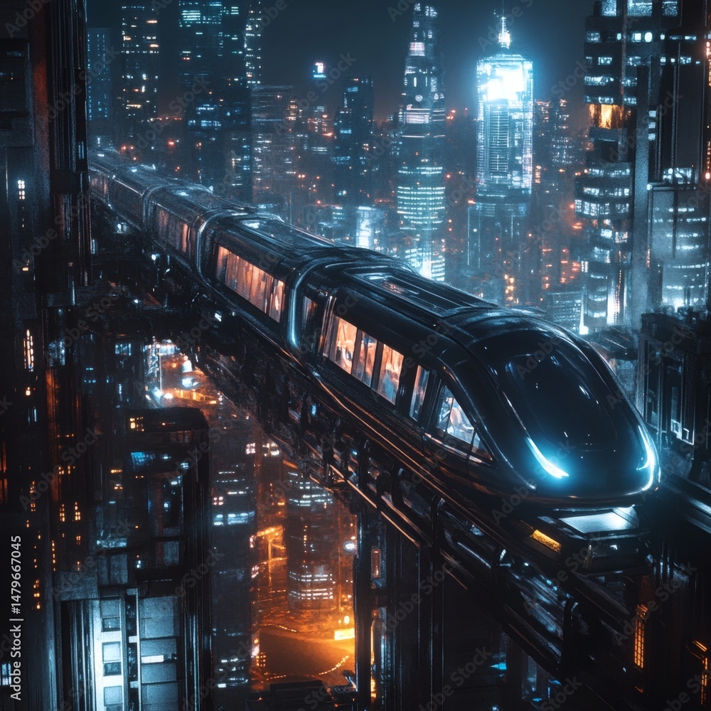 Fototapeta premium Futuristic Elevated Train Gliding Through a Dense Cityscape at Night