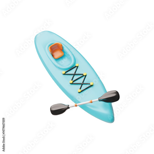 3d blue canoe with paddle. Transport for summer extreme sports and recreation.