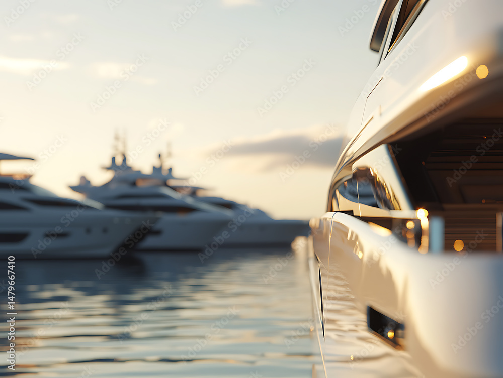 Naklejka premium Elegant yachts are docked in a serene marina at sunset, hinting at luxury and leisurely getaways. Beautiful light over calm waters.