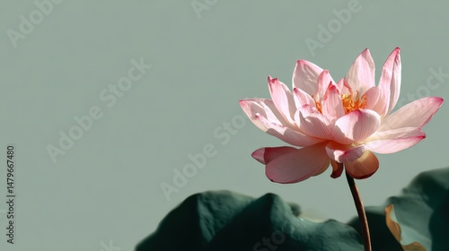 A delicate lotus flower displays its soft pink petals in the lower right corner, surrounded by green leaves against a muted background, symbolizing tranquility and beauty