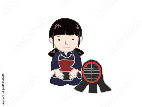 Illustration of a girl practicing kendo sitting upright and taking a break