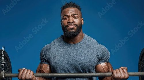An athletic man in gym attire is lifting a barbell with focused effort, showcasing his strength in a well-equipped gym environment. The backdrop is a solid color, enhancing his muscular physique