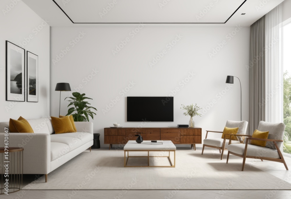 Fototapeta premium There is a living room with sofa chair coffee table and TV