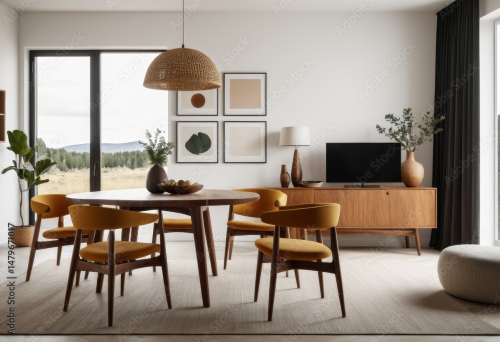 Fototapeta premium There is a restaurant with tables, chairs and TV