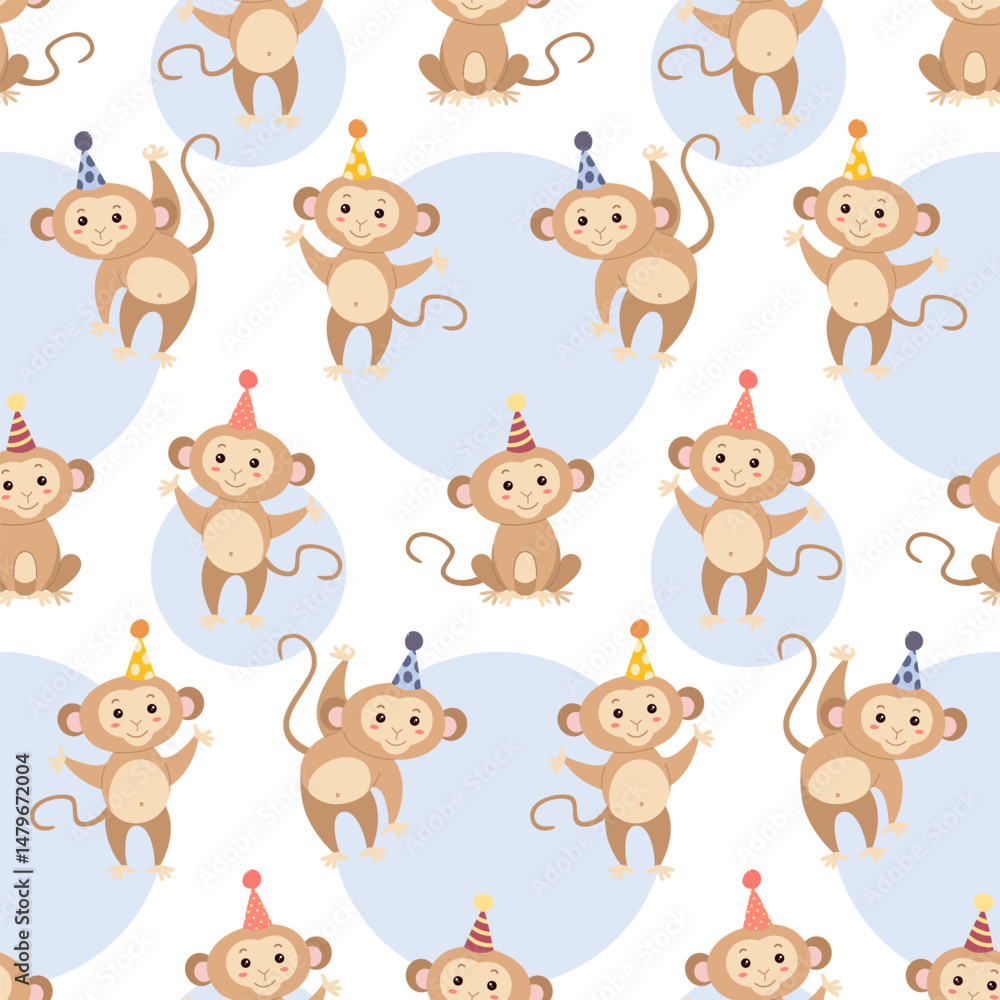 Seamless pattern with cute monkeys in hats for party. Birthday, holiday, congratulations, invitation. Vector illustration. Seamless pattern with cute monkeys in hats for party. Birthday, holiday, congratulations, invitation. Vector illustration.