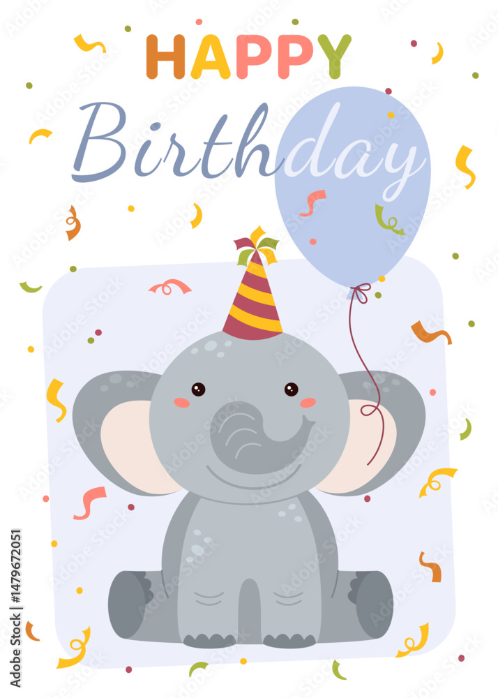Naklejka premium Greeting card with image of cute elephant in party hat. Vector illustration for greeting card, poster, holiday decoration.