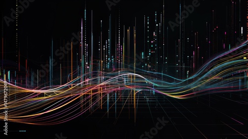 Abstract digital artwork displaying data visualization with flowing lines and colorful lights, suggesting data analysis