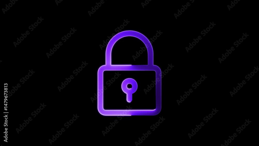 Padlock icon animation by purple color neon mask glow on black background. neon padlock icon. Padlock icon animation by purple color neon mask glow on black background. neon padlock icon.