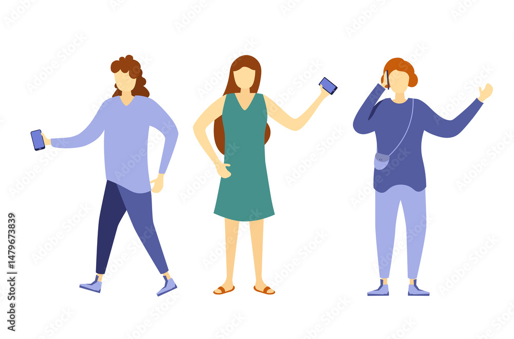 Fototapeta premium Character talking on smartphone looking at screen cut-out person design separate half face standing female male phone communication young people cartoon diverse set vector casual attire social