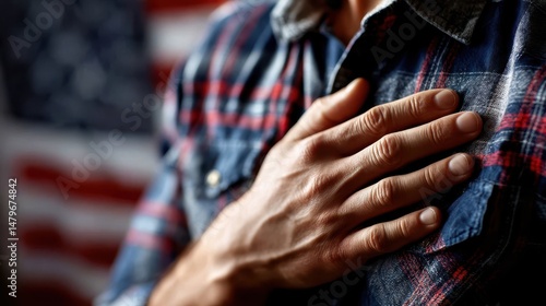 Person with Hand Over Heart During Memorial Day Ceremony with American Flag in Background