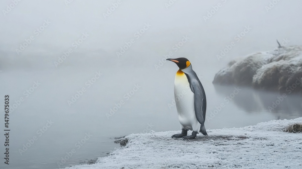 Fototapeta premium A king penguin framed against icy terrain, walking slowly as fog swirls around its path