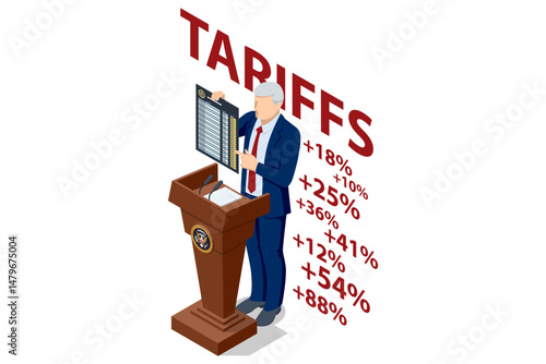 An isometric vector of a politician announcing rising import tariffs. Percentages are listed behind to emphasize increases in trade costs. Import tariffs, trade war and economic conflict