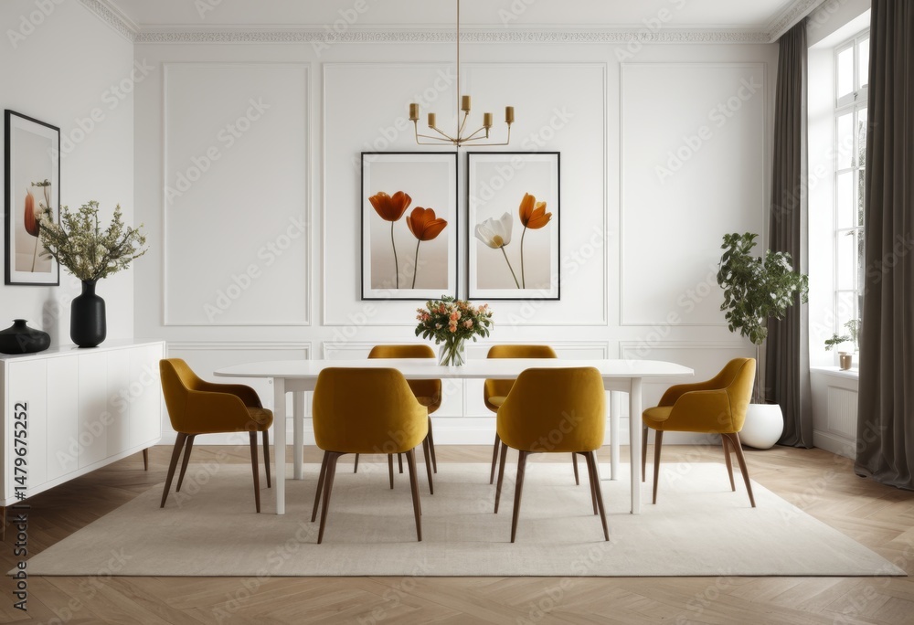 Fototapeta premium There is a dining room with tables and chairs and a bottle of flowers