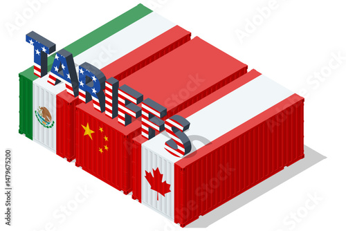 Isometric vector of trade restrictions symbolized by blocked boxes labeled with flags of China, Canada, and Mexico, emphasizing tariff barriers. Import tariffs, trade war and economic conflict