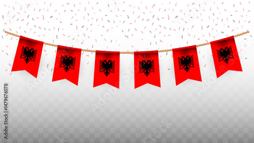 Vector illustration of the country flag of Albania with confetti on transparent background. hanging flag for Independence Day celebration