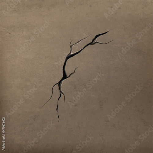 Realistic brown concrete wall crack, vector broken land or crashed ground, destruction texture background, floor cleft