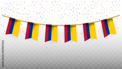 Vector illustration of the country flag of Colombia with confetti on transparent background. hanging flag for Independence Day celebration