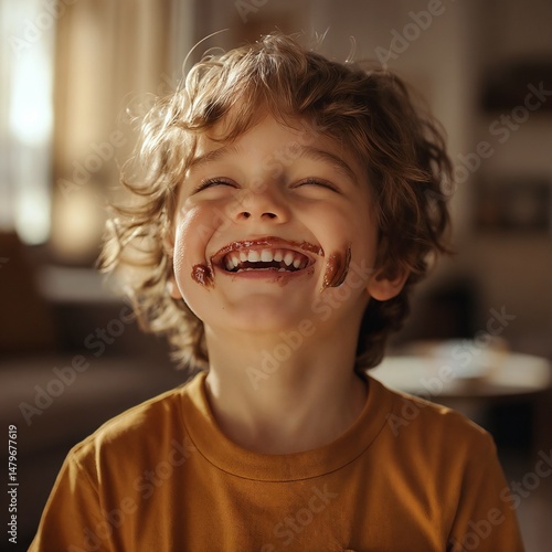 Smiling boy with chocolate mustache enjoying dessert at home in warm light