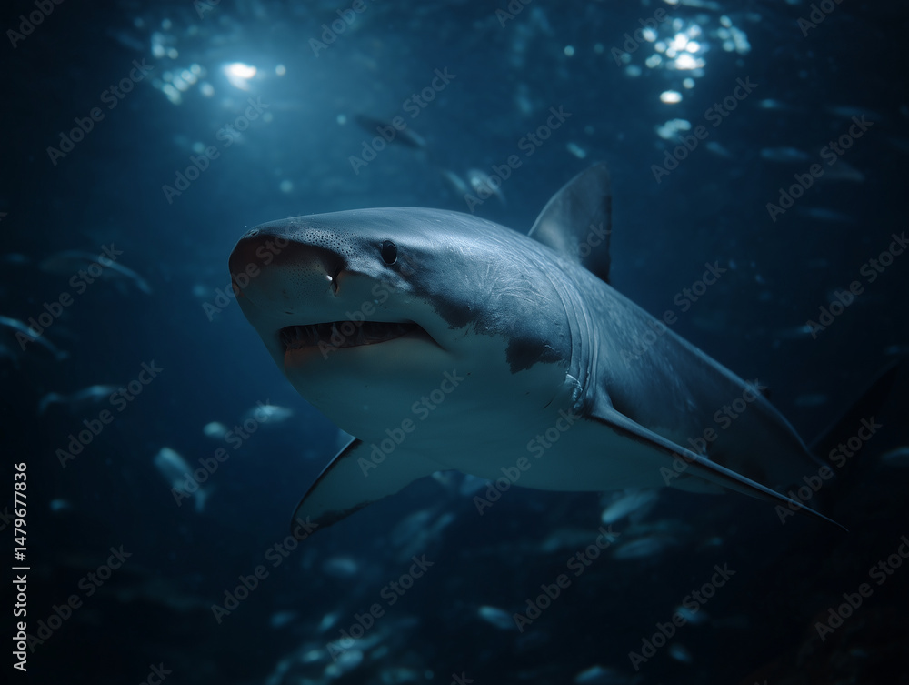 Great White Shark Underwater: Majestic great white shark glides through deep ocean, surrounded by smaller fish Great White Shark Underwater: Majestic great white shark glides through deep ocean, surrounded by smaller fish