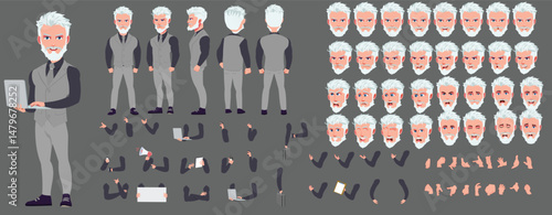 Man Character design. Front, side, back view and explainer animation poses. Character set with lip sync and facial expressions of Happy, angry, sad, Joy with Side walk cycle animation sequence sprite 