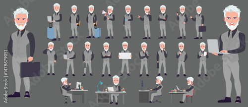 Man Character design. Front, side, back view and explainer animation poses. Character set with lip sync and facial expressions of Happy, angry, sad, Joy with Side walk cycle animation sequence sprite 