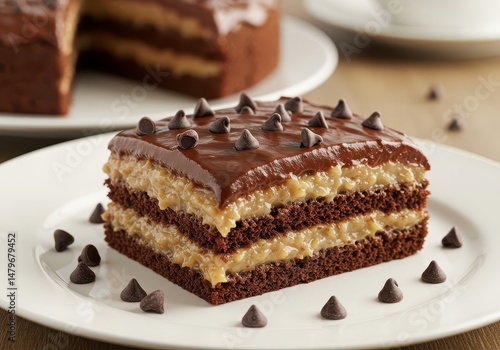 Wallpaper Mural Chocolate Layer Cake with Creamy Coconut Filling and Chocolate Chips on Top Served on White Plate in Soft Lighting Torontodigital.ca