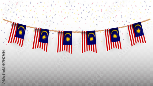 Vector illustration of the country flag of Malaysia with confetti on transparent background. hanging flag for Independence Day celebration