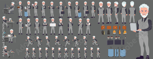 Man Character design. Front, side, back view and explainer animation poses. Character set with lip sync and facial expressions of Happy, angry, sad, Joy with Side walk cycle animation sequence sprite 