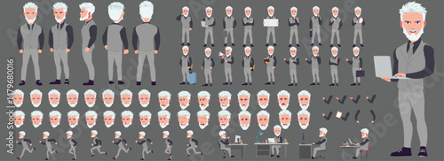 Man Character design. Front, side, back view and explainer animation poses. Character set with lip sync and facial expressions of Happy, angry, sad, Joy with Side walk cycle animation sequence sprite 