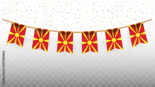 Vector illustration of the country flag of North Macedonia with confetti on transparent background. hanging flag for Independence Day celebration