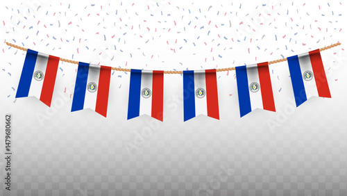 Vector illustration of the country flag of Paraguay with confetti on transparent background. hanging flag for Independence Day celebration