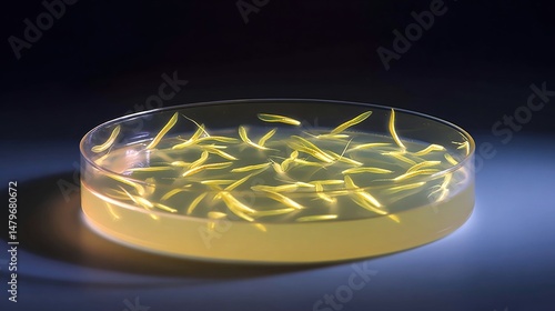 A petri dish containing genetically modified mosquito larvae showing visible developmental differences illuminated under soft laboratory lighting to emphasize the experiment.