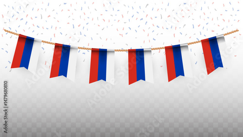 Vector illustration of the country flag of Russia with confetti on transparent background. hanging flag for Independence Day celebration