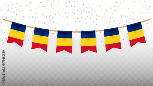 Vector illustration of the country flag of romania with confetti on transparent background. hanging flag for Independence Day celebration