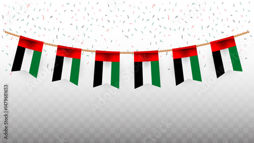 Vector illustration of the country flag of United Arab Emirates with confetti on transparent background. hanging flag for Independence Day celebration