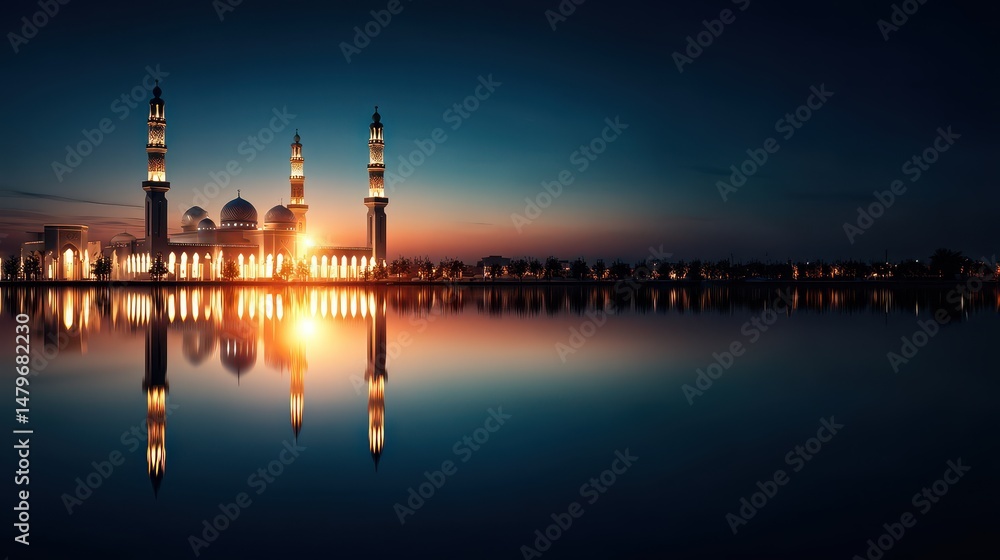 Fototapeta premium Illuminated Mosque at Dusk with Minarets Reflected in Water, Capturing the Essence of Faithful Gatherings