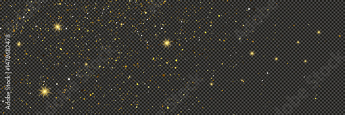 Gold glittering dust with stars on transparent backdrop