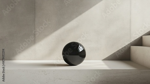 A shiny black sphere resting on a white surface with sunlight and stairs in the background scenery