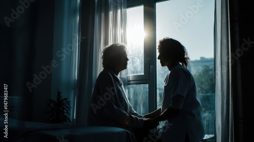 Nurse Comforts Elderly Patient in Gentle and Quiet Moment of Compassion and Care in Soft Light