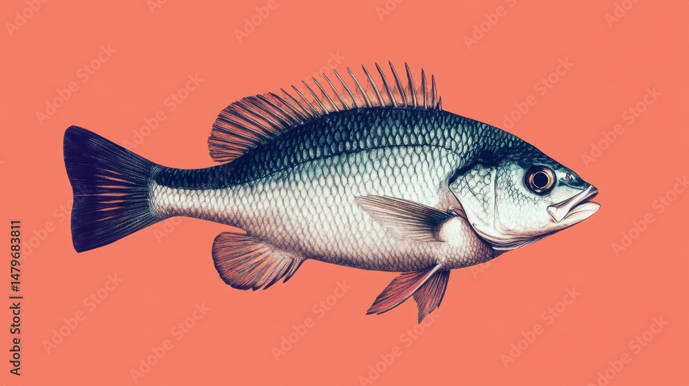 Obraz premium Full horizontal sea bass, centered frame, with scale and fin detail visible on orange