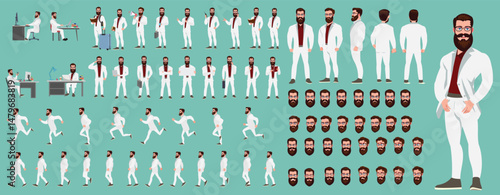 Man Character design. Front, side, back view and explainer animation poses. Character set with lip sync and facial expressions of Happy, angry, sad, Joy with Side walk cycle animation sequence sprite 