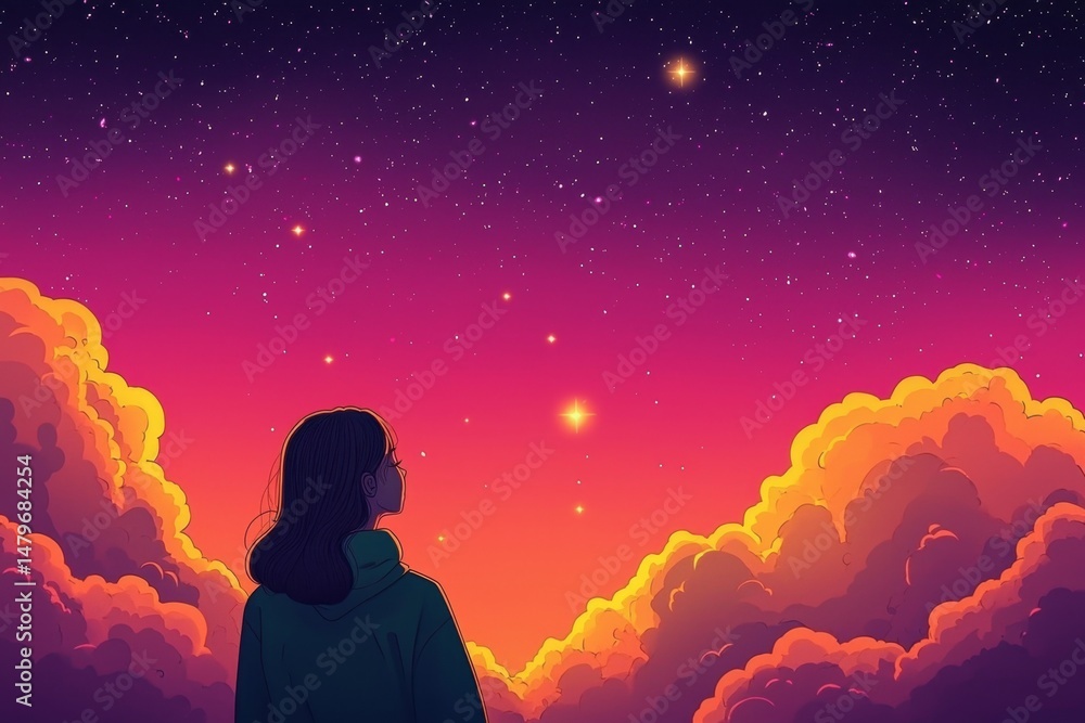 Naklejka premium Anime Character Reflecting on Nature Under a Starry Sky 