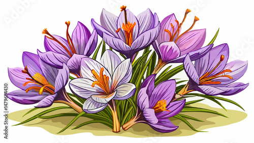 Harvest Flowers of saffron after collection. Crocus sativus, commonly known as the "saffron crocus".Handful.