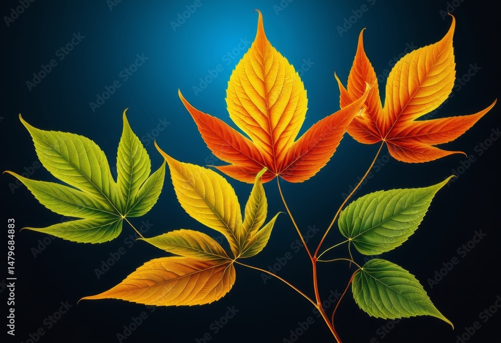 Fototapeta premium There are three leaves they are on a branch with a blue background