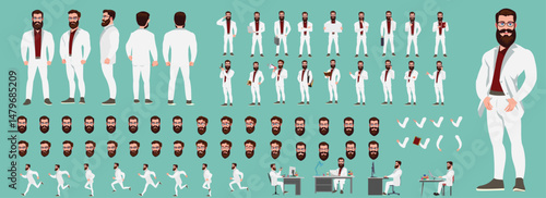 Man Character design. Front, side, back view and explainer animation poses. Character set with lip sync and facial expressions of Happy, angry, sad, Joy with Side walk cycle animation sequence sprite 