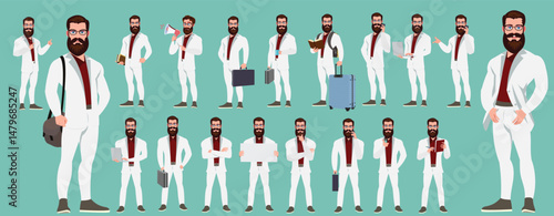 Man Character design. Front, side, back view and explainer animation poses. Character set with lip sync and facial expressions of Happy, angry, sad, Joy with Side walk cycle animation sequence sprite 