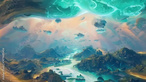 Mystical Alien Landscape, River Valley, Glowing Sky, Fantasy World, Surreal Scene, Sci-Fi Environment 4k 60.