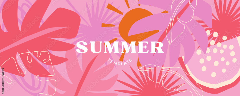 Obraz premium Colorful tropical summer background. Summer banner, poster design with jungle leaves