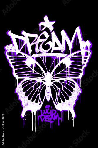 Graffiti tag “dream” and “lucid dream” with large butterfly line art in white and purple. Y2K streetwear vector with cracked vintage texture. Ideal for bold fashion and digital apparel design.
